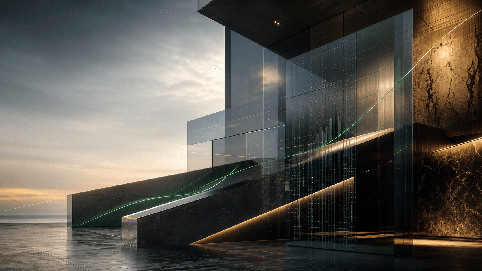 Sculptural glass and stone architecture crossed by a rising emerald data line
